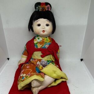 Handcrafted Japanese Doll in Red and Multicolor Kimono